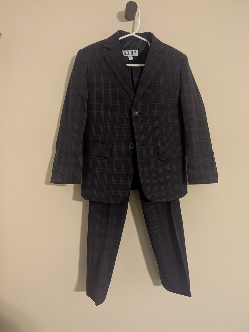 American Exchange Boys Navy Suit Set with Red Windowpane Plaid